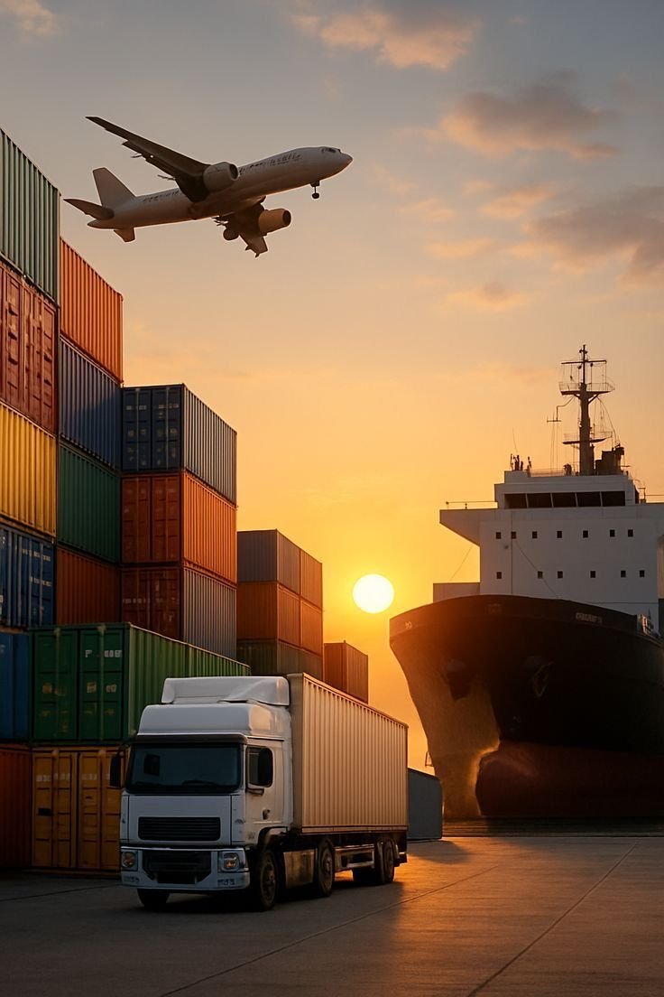 Cargo port with covered van truck and container ship